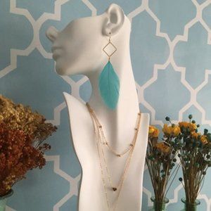Geometric Earrings with Blue Feather